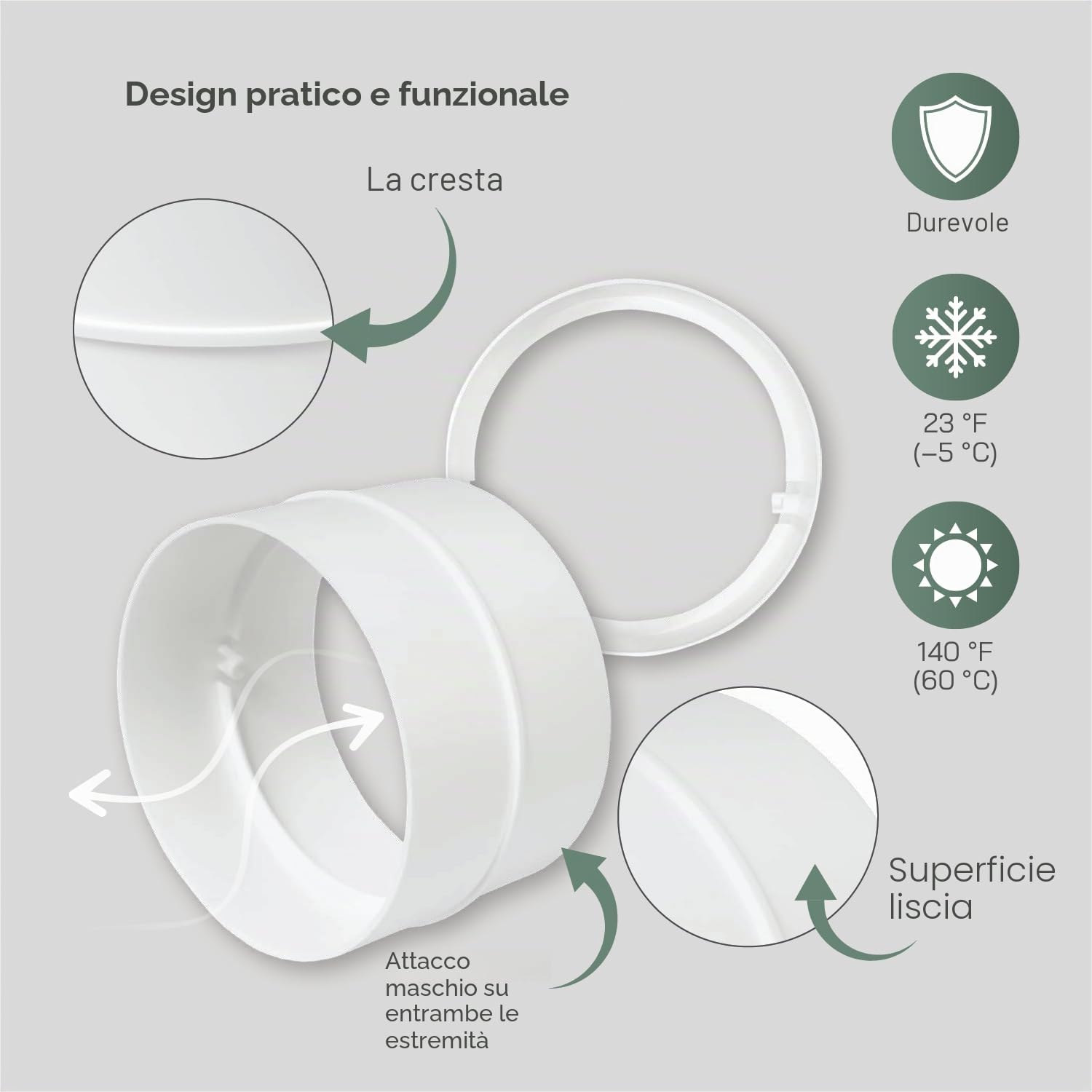 Vent Systems Diametro 100 mm, connettore rotondo per tubi dritti o flessibili. Attacco tubo di ventilazione. Applicazioni di riscaldamento, raffreddamento e ventilazione.