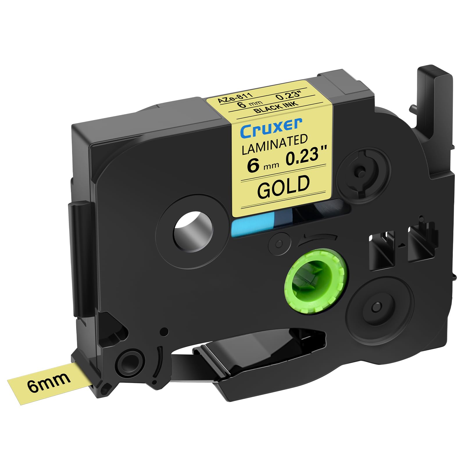 Cruxer Pack de 50 cintas laminadas compatibles con P-touch TZe-811 TZe811 TZ-811 TZ811 6 mm 0,23 pulgadas cintas laminadas negro sobre oro, cinta de escritura de repuesto para PT-D200 PT-D210 PT-D400