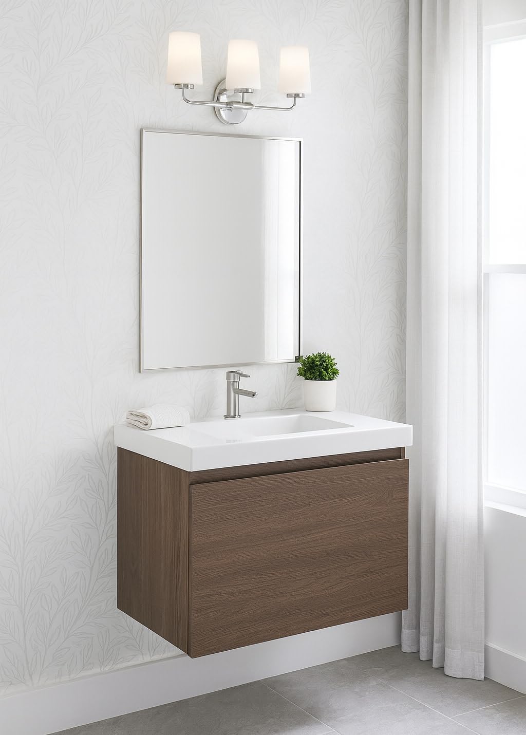 Lark Kline 853453CM Three-Light Bath Vanity Fixture - Sleek, Tapered Etched Opal Glass Shades, Mount Up or Down, Minimalistic, Ambient Light in Bathrooms - Chrome Finish