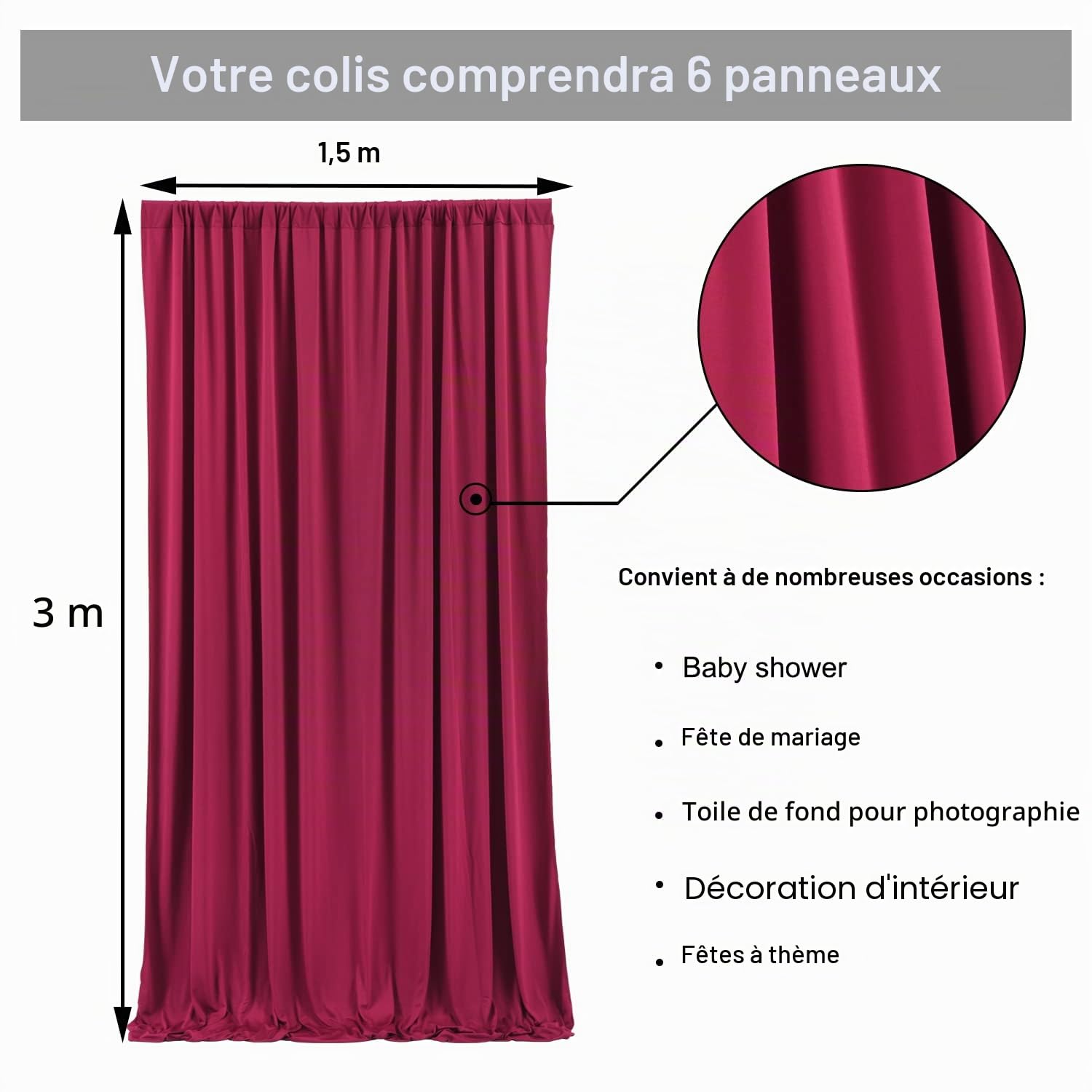 Lot de 6 Rideaux de Fond Bordeaux en Polyester pour fêtes, 1,5 x 3 m, pour fête prénatale, Photographie, fête d'anniversaire