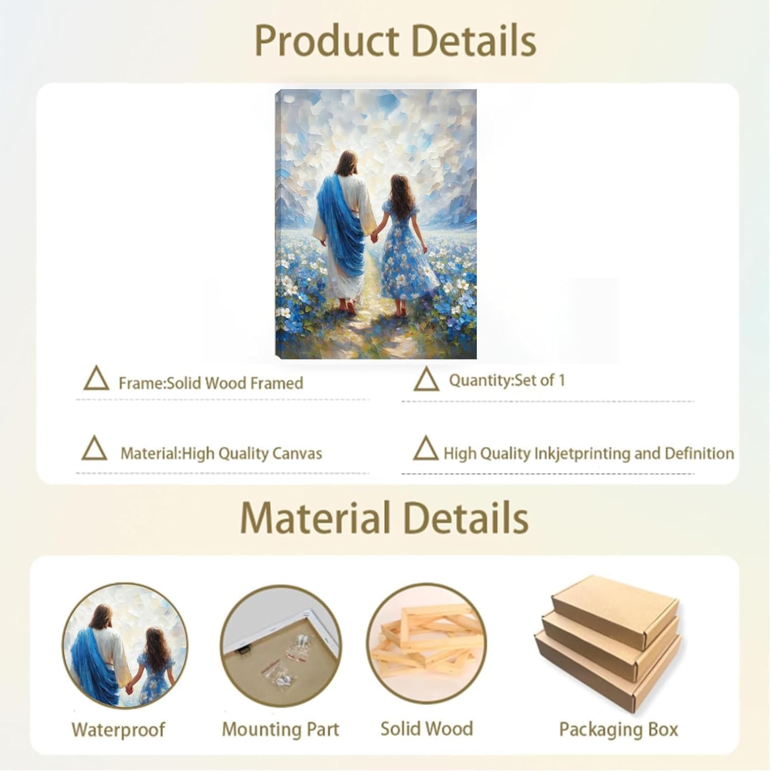 Jesus and Woman Canvas Wall Art , Christian Jesus Holding Woman's Hand Walking in the Sea of Flowers Painting Poster Wall Decor, Christian Faith Companion Healing Believer Theme Picture for Bedroom Prayer Room Office Church Home Decoration 16*24 in (Stretched Canvas on A Wooden Frame)
