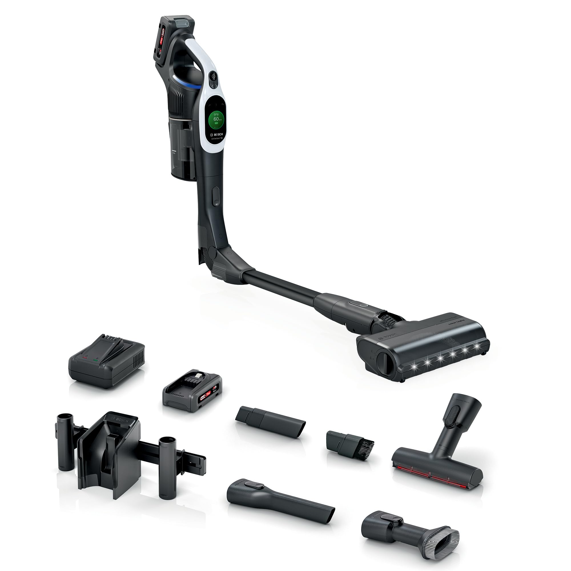 Bosch Akku-Staubsauger Unlimited 10 BTS1042WAC, kabellos, MicroClean Technology, TFT-Display, Staubkomprimierung, HEPA-Filtersystem, 10 J. Motorgarantie, 4 Ah Akku, LED-Licht, Schnellladegerät, weiß