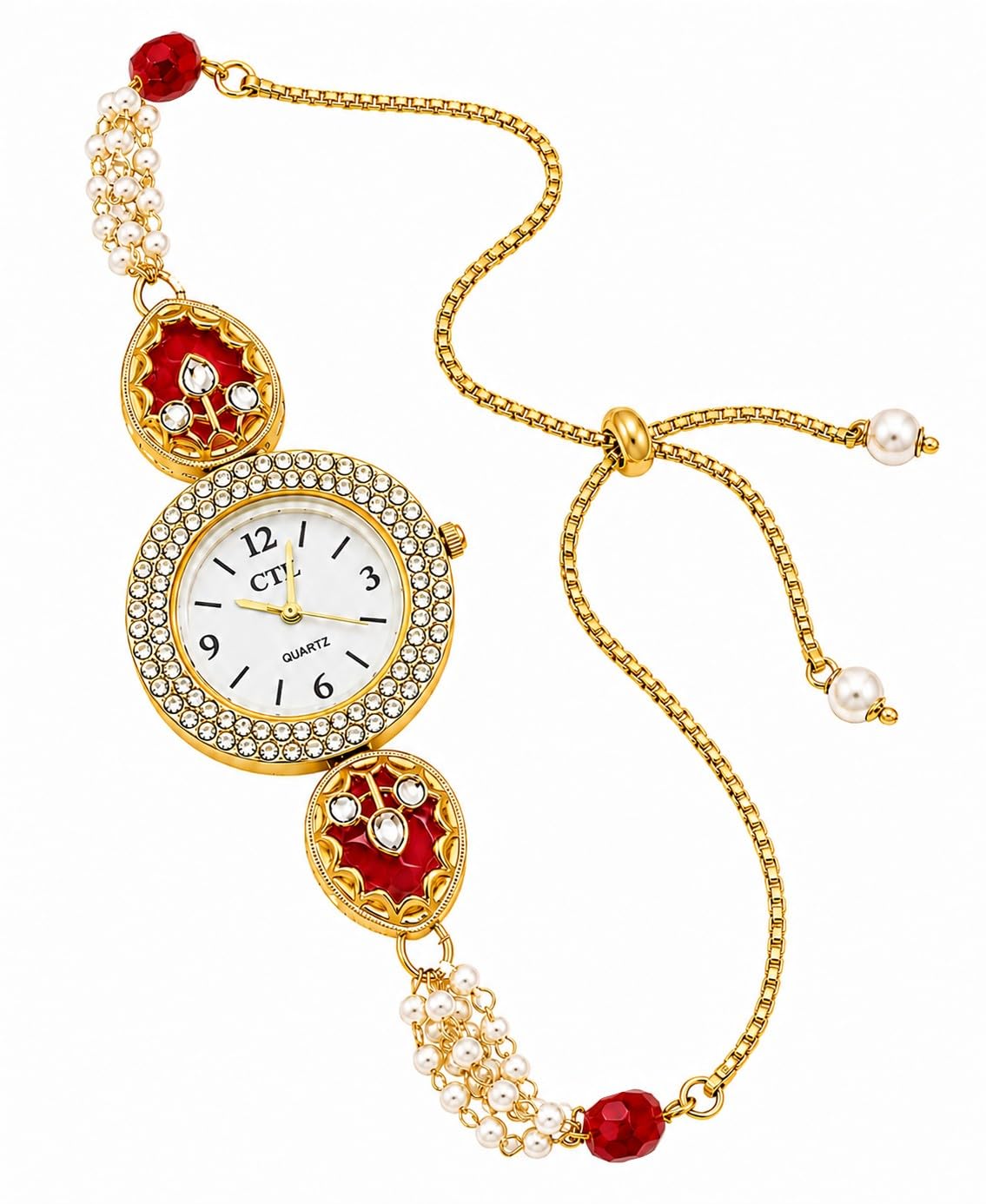 Kashmiri Bracelet Watch for Women | Gold Plated Analog Watch with Meenakari Design, Kundan Stones, Pearl Beads & Adjustable Chain | Raksha Bandhan Gift for Sister, Bhabhi & Girls | Wedding & Festive Wea-image-48
