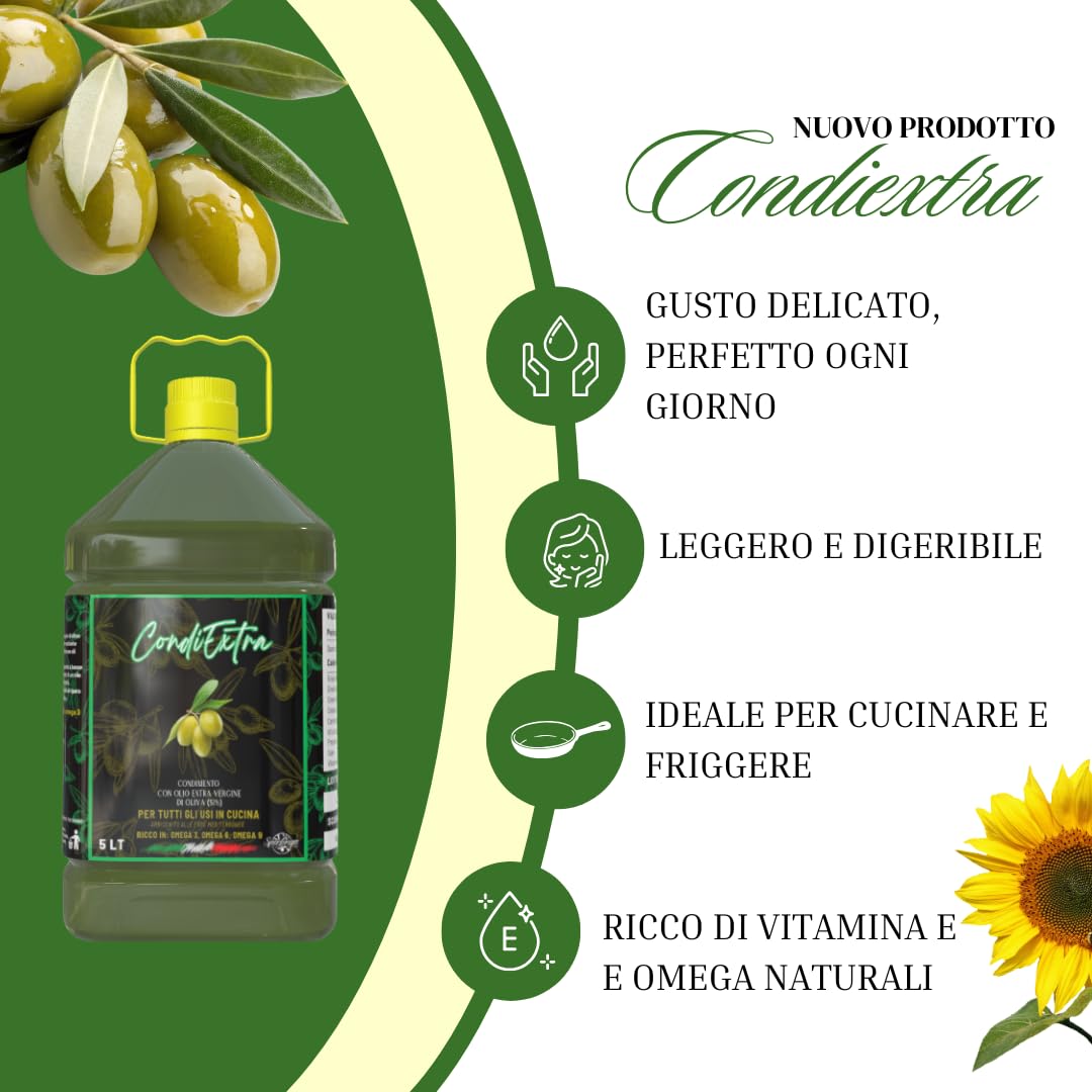 CondiExtra – Condimento all' Olio Extra Vergine di Oliva – 5 LT - Sperlonga - Gusto Delicato, Leggero – Ideale per Cucina, Frittura, Insalate, Ristorazione, Pizza