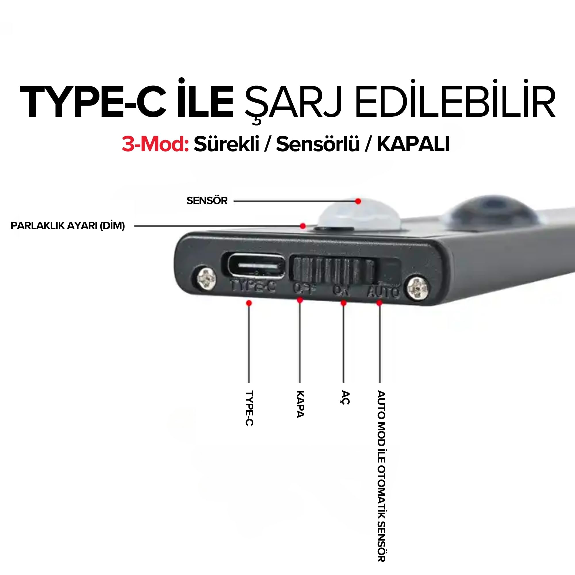 Hareket Sensörlü Ledli Gece Lambası, Parlaklık Ayarı Yapılabilir, 3000K-6000K, 3 Mod, Kablosuz, Merdiven Aydınlatması, USB Şarj Edilebilir Işık, LED Manyetik Lamba (Akasya - Siyah 60 Cm)