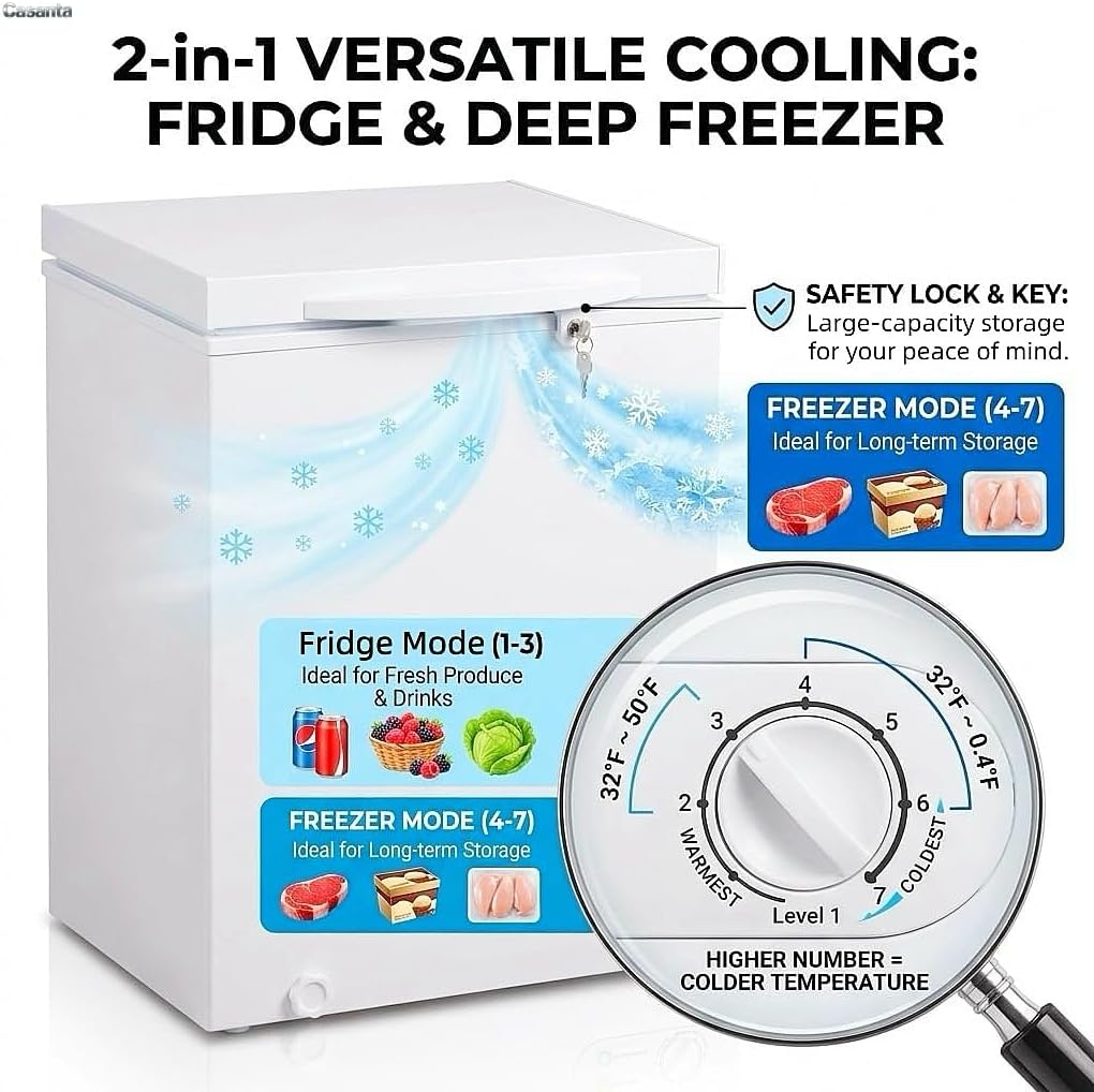 Compact Chest Freezer, Deep Freeze with 7 Adjustable Temperature Modes, Energy Efficient Small Stand Alone Freezer with Basket, Ice Shovel, Wheels & Lock, Ready for Apartment Dorm, White