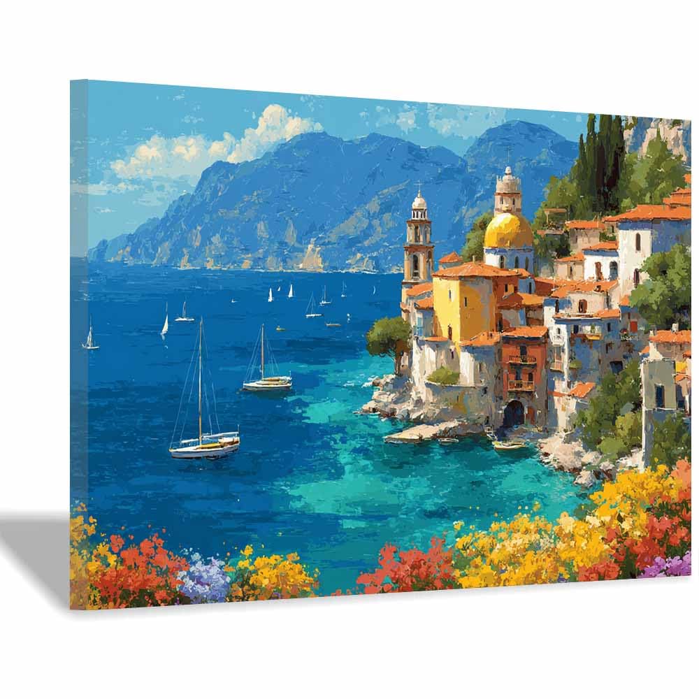 DMZPKZB Scenery Canvas Wall Art Mediterranean Coastsal Town Mural decor,Modern Print Artwork,for Office,Bedroom,Bathroom,corridor,Living Room for Room Decoration(Multicolor)-50x70cm Framed