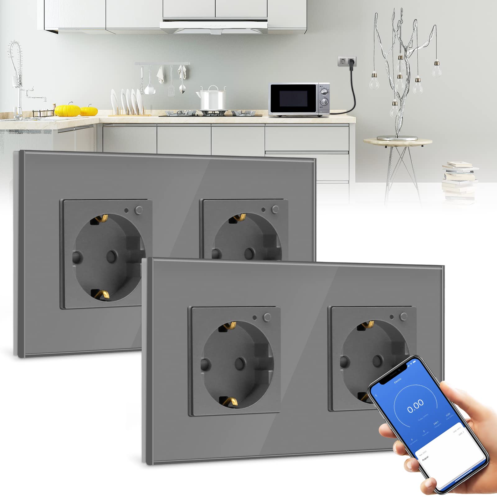 BSEED BSEED Enchufe Doble de Pared WiFi con monitor de consumo de energía,Gris Schuko Enchufe inteligente Compatible con Alexa y Google Home,Control de APP y Función de Temporizador -2 Paquete