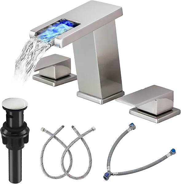 RUITHOE LED Bathroom Faucet 3 Hole, Brushed Nickel Waterfall Bathroom Faucets, 8 Inch Widespread Modern Bathroom Sink Faucet & Parts, Wide Spread Touch On Three Hole 2 Handle Bathroom Vanity Mixer