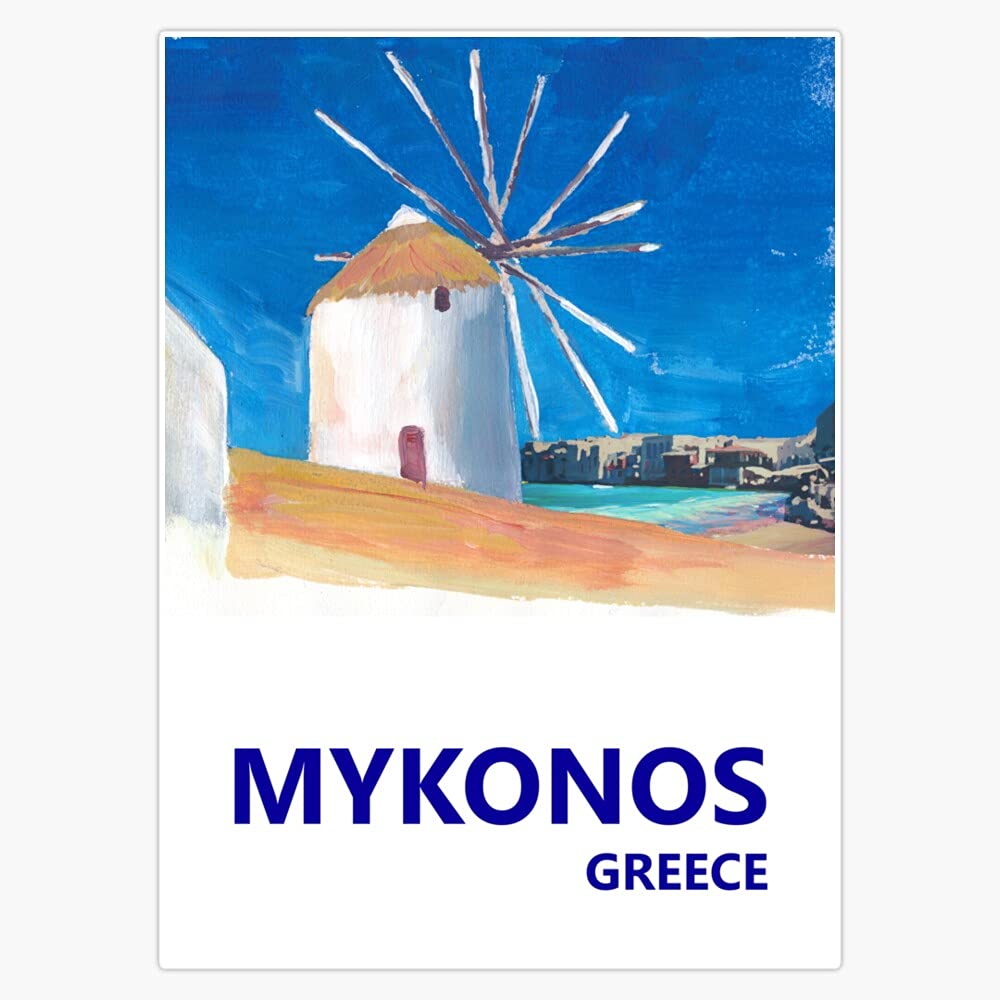Mykonos Greece Windmill, Sea And Little Venice Travel Retro Poster Vinyl Sticker Waterproof Bumper Sticker Laptop Window Decal 5"