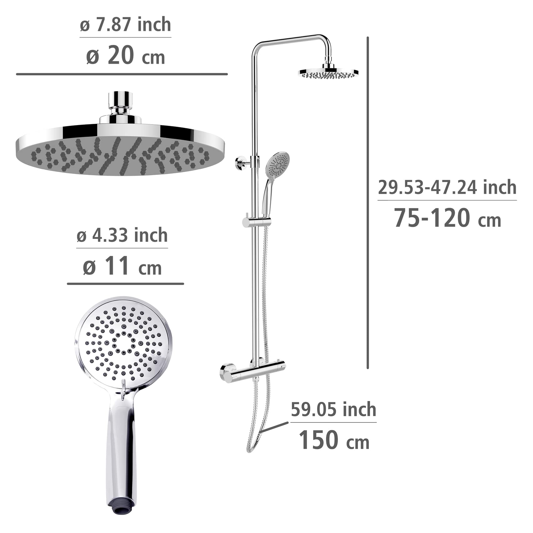 System prysznicowy Young Eco, z armaturą termostatyczną i 2 regulatorami oszczędzania wody, deszczownicą Ø 20 cm i słuchawką prysznicową Ø 11 cm z 5 funkcjami, odporny na zginanie wąż prysznicowy ze