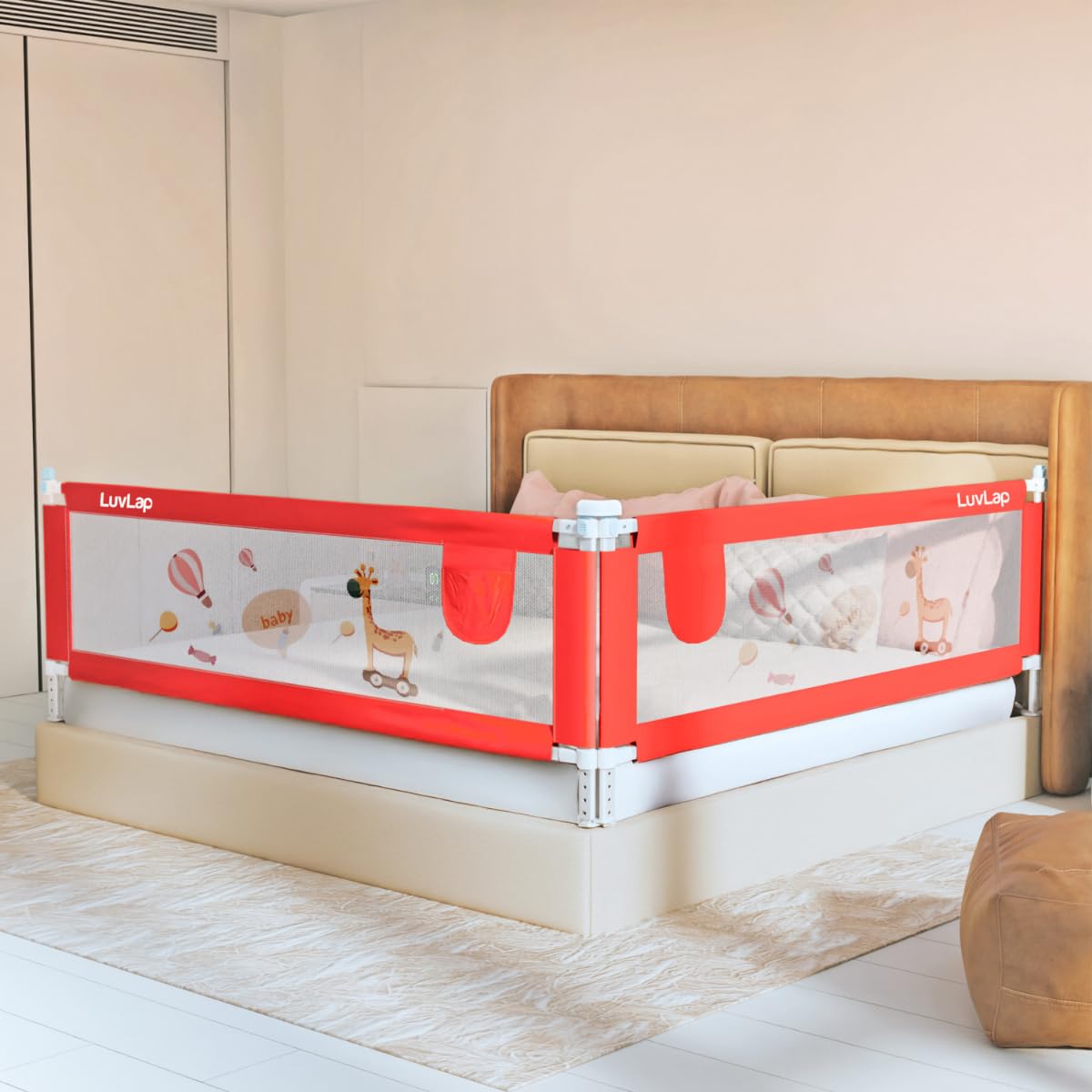 LuvLap Bed Rail Guard for Baby/Kids Safety, 180cm x 72 cm(6ft x 2.3ft), Portable & Foldable, Baby Safety Essential, Adjustable Height, fits All Bed Sizes (Red - Without Print) (Pack of 2)-image-46