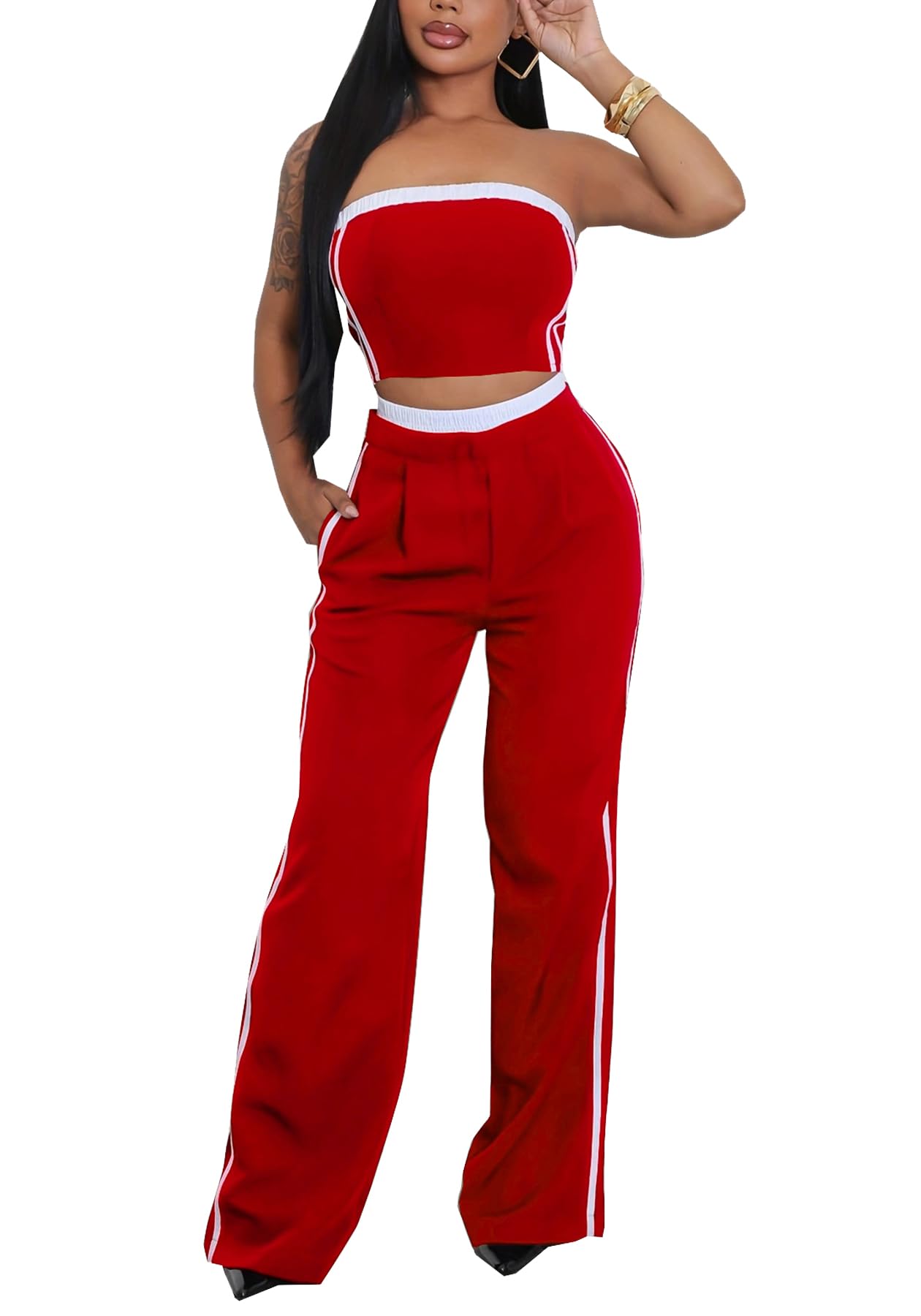 Ecirod Womens Sexy 2 Piece Summer Outfits Sleeveless Casual Crop Tube Top Wide Leg Pants Sets