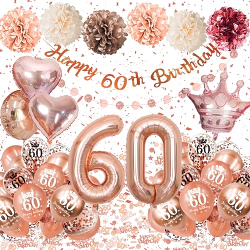 Balões de decoração 60 aniversário para mulher, balão de 60 anos rosa dourado, faixa feliz pompons confete de aniversário feliz feliz para decoração 60 anos mulher