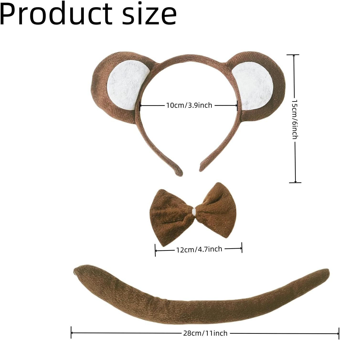 Generic Monkey Ears and Tail Set Halloween Costume Accessories Cosplay Set Ear Headband Bowtie and Tail Cosplay Party Supplies, Brown - Image 2