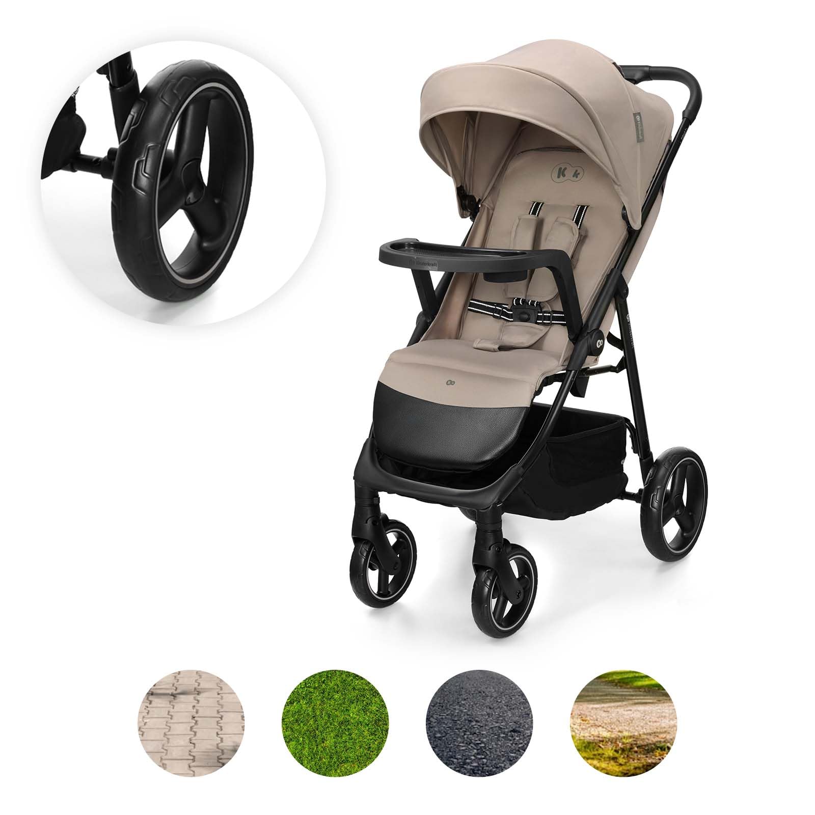 Kinderkraft TRIG 3 con vassoio, Passeggino 22 kg, CLICK & FOLD, Beige