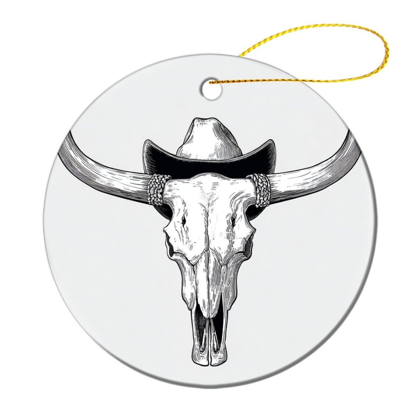 Bull Skull in Cowboy Hat Christmas Tree Hanging Ornaments,2 Pieces, 7.2CM Round Double-Sided