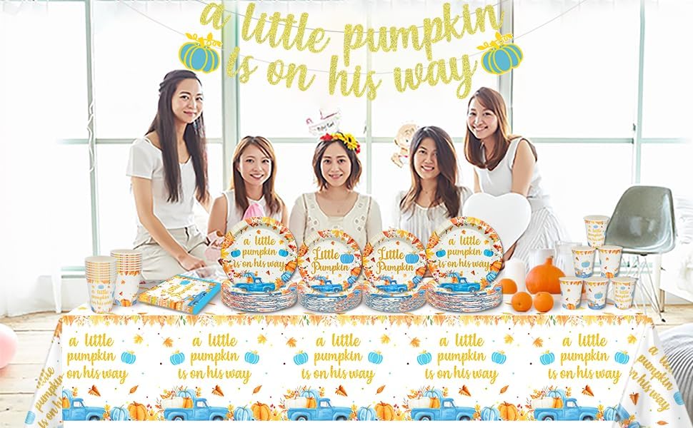 Miniatura 8 de 170 piezas de decoración de fiesta de baby shower con texto en inglés "A Little Pumpkin is On His Way", decoraciones para baby shower, baby shower