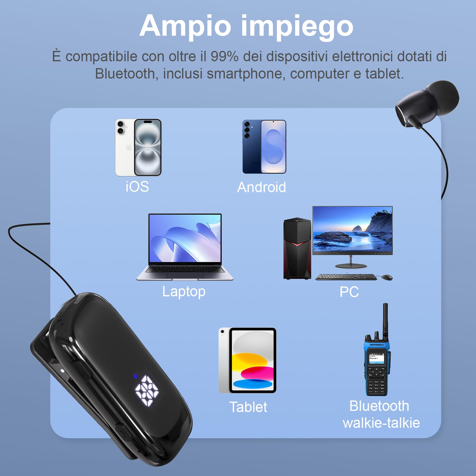 esonstyle Auricolare Bluetooth Mono In-Ear con Clip e Filo Retrattile | Batteria da 20 Ore e Microfono con Cancellazione del Rumore per Chiamate Nitide. Perfetto per Sport, Ufficio e Guida