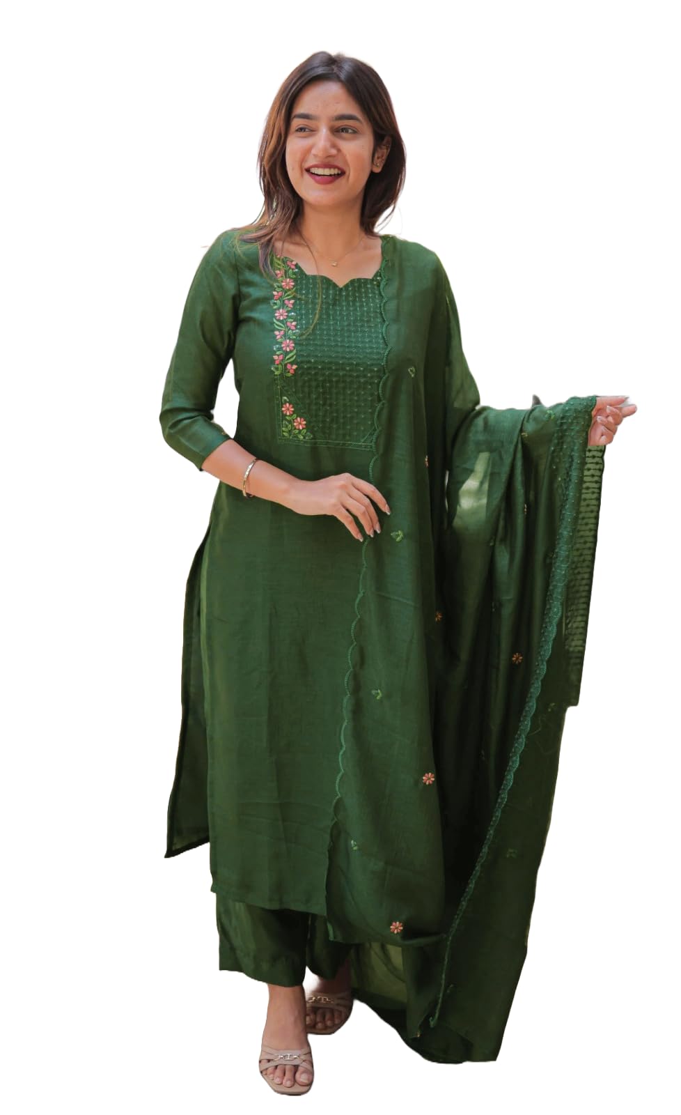 Women's Vertical Cotton Kurta With Bottom Set and Dupatta with Round Neck 3/4 Sleeves Straight Calf Length Kurta & Dupatta Set-image-41
