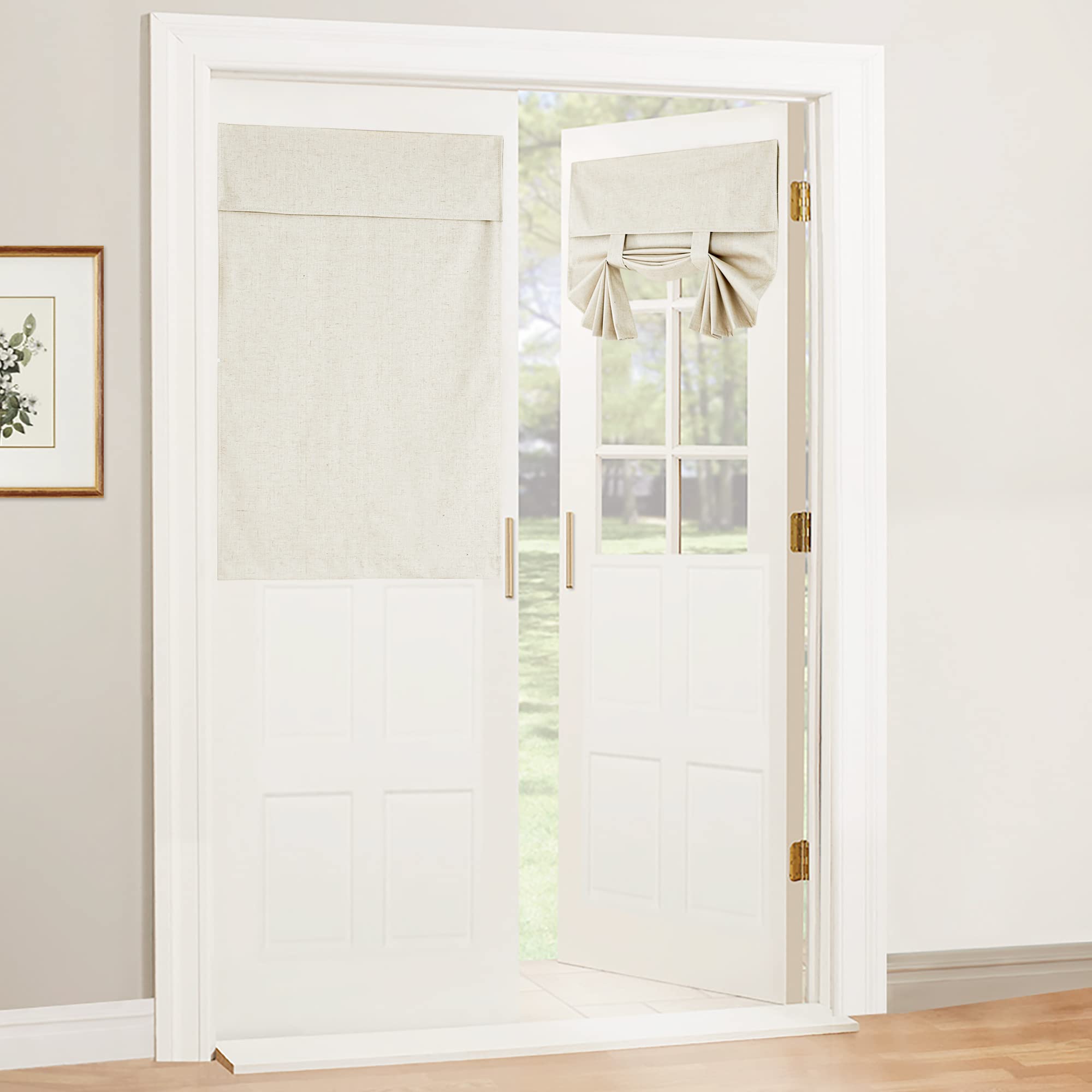 RYB HOME Glass Door Curtains Natural Linen Blended, 100% Blackout Privacy Window Treatment Patio Closet Pantry French Door Blinds with White Layer