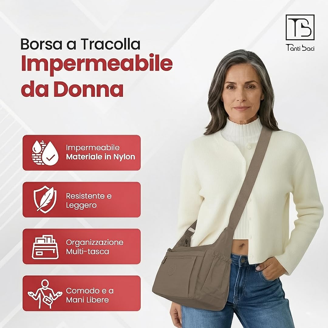 Tanti Baci Borsa a Tracolla Donna Impermeabile, Borsa a Spalla Grande, Multitasche con Tracolla Regolabile e Gancio Portachiavi Interno, Crossbody Leggera per Lavoro, Viaggio e Shopping