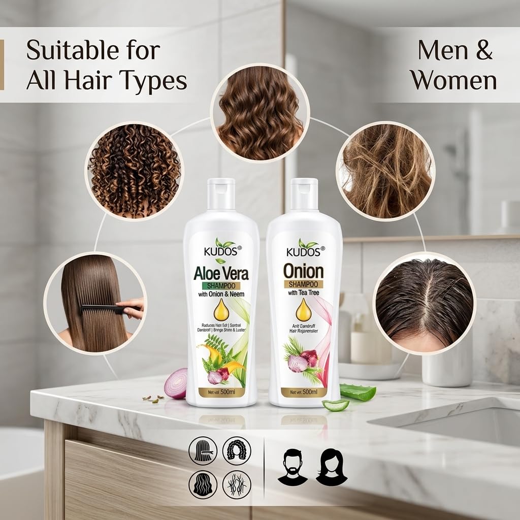 Kudos Ayurveda Aloe Vera Shampoo with Onion & Neem + Onion Shampoo with Tea Tree | Hair Nourishing & Strengthening Combo | Gentle Cleansing for Healthy Looking Hair | 500ml Each (Pack of 2) 3