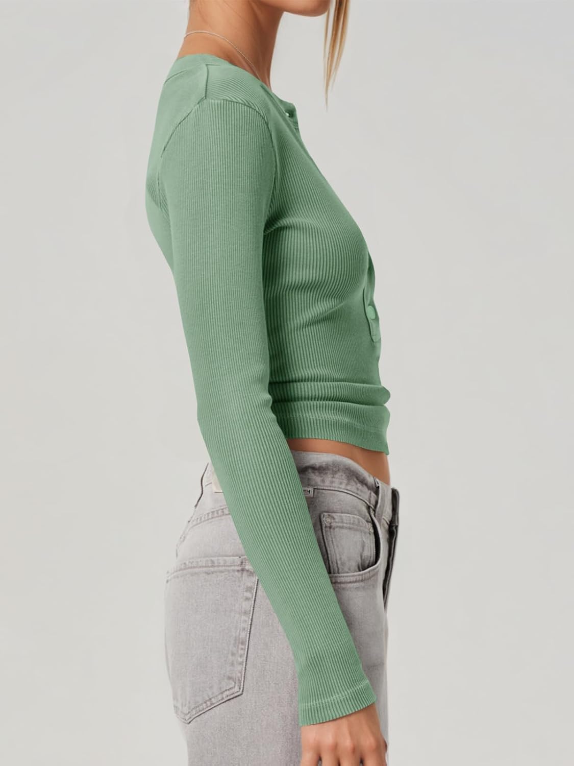 Tankaneo Womens Deep V Neck Tops Ribbed Knit Long Sleeve Henley T-Shirts Fall Slim Fit Going Out Tees - Image 4