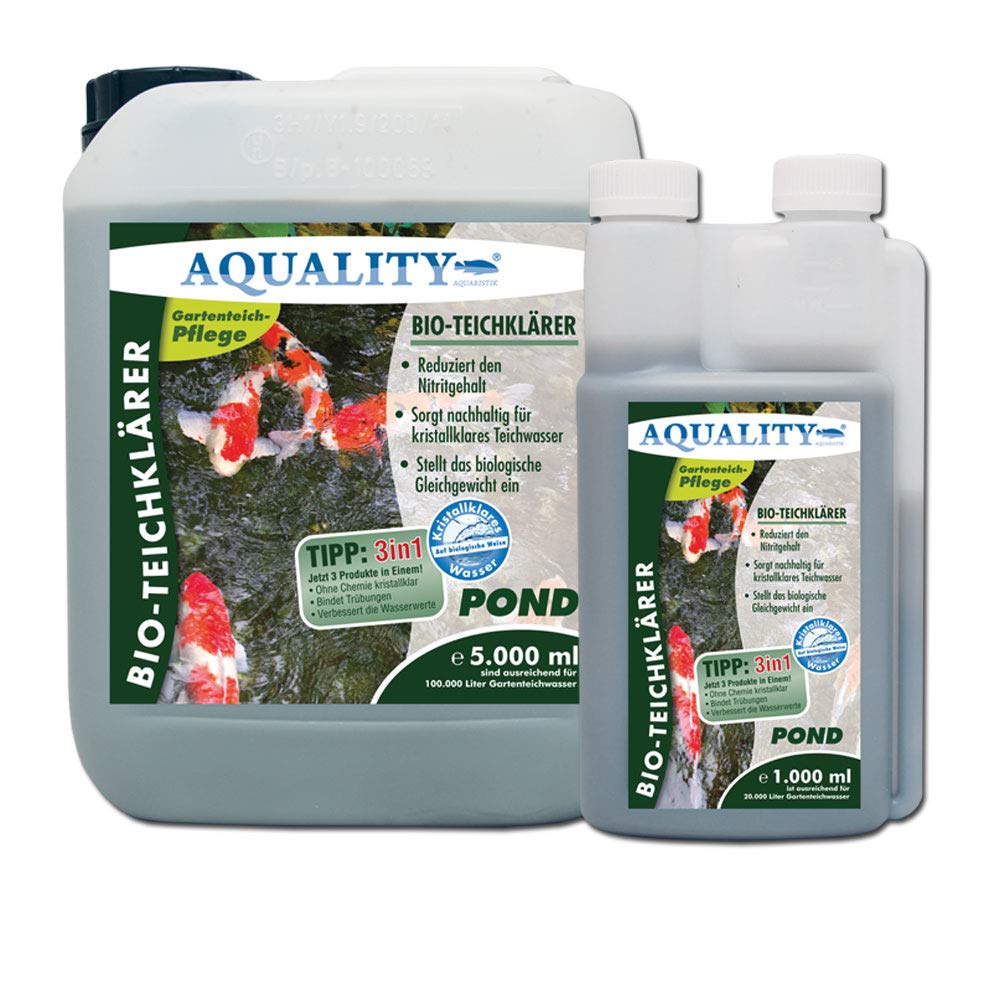 AQUALITY Gartenteich Bio-TeichKlärer 3in1 (Teichklar - Nachhaltig kristallklares Wasser, entfernt deutlich Trübungen im Teich), Inhalt:5 Liter