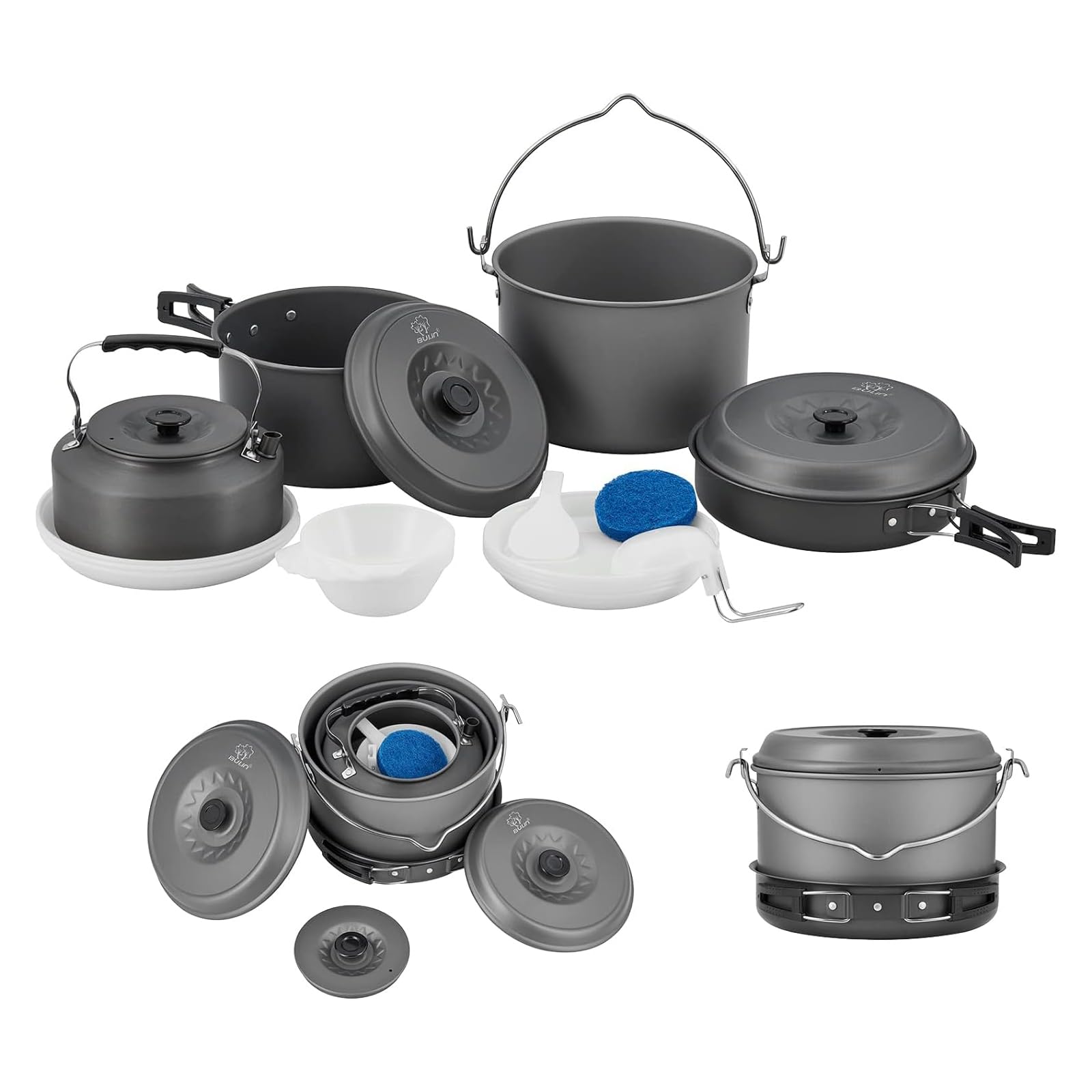 Bulin Camping Cookware Set 6-7 Person Campfire Kettle Outdoor 20 Pcs Cooking Mess Kit Hanging Pots Pan with Spoon Bowl, Nonstick Backpacking Cook Gear for Family Hiking Picnic Fishing
