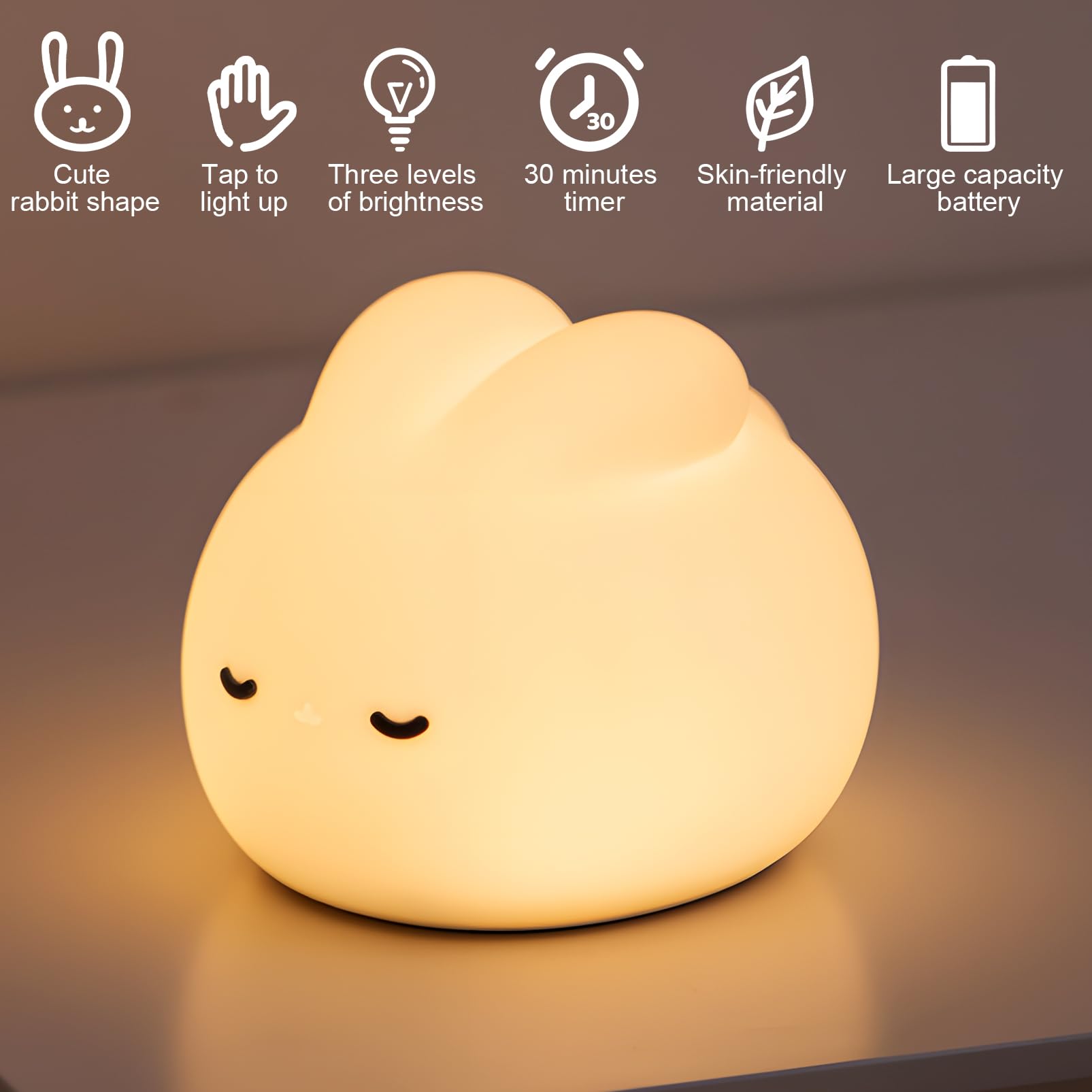 Lampada Notturna per Bambini Coniglio, Luce Notturna per Bambini Ricaricabile, Silicone Lampade da Comodino Notturna, Luce Notturna Touch Bambini Timer, Regalo Compleanno Natale, Cameretta Bambino