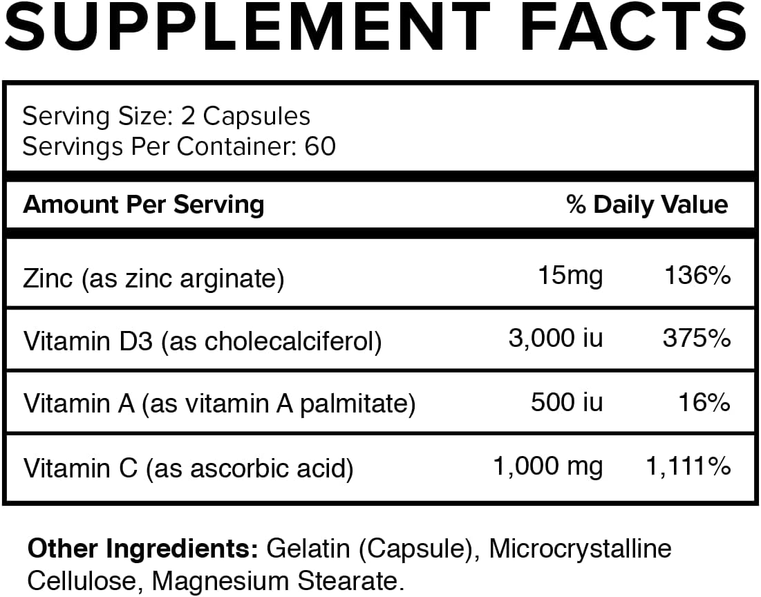 Vatellia Life Immune Up High-Absorption Vitamin C, D3, A + Zinc | Immune Support | Improve Cellular Health | Microbial Defense | 120 Capsules (60 Day Supply)