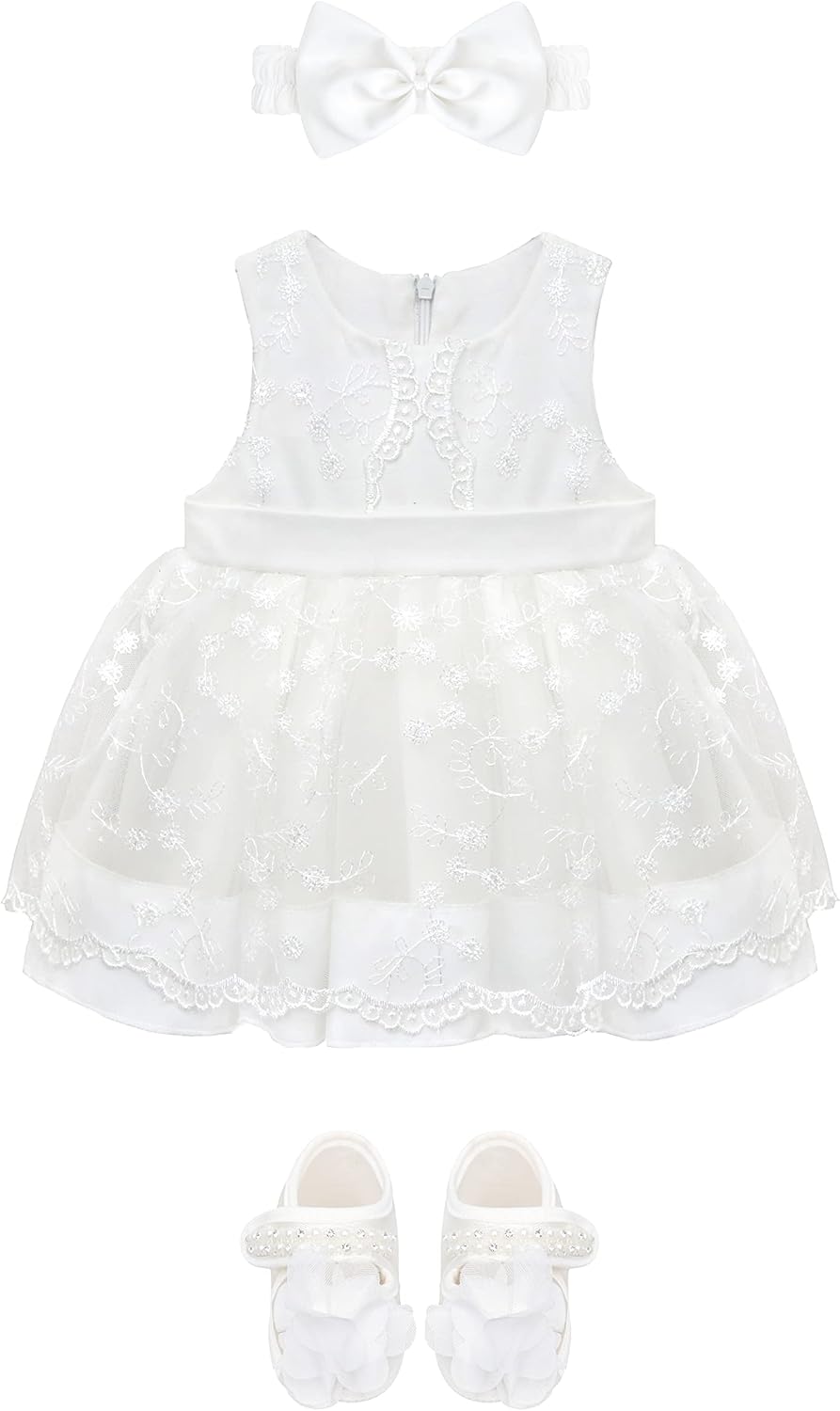 Lilax Baby Girls' Floral Embroidered Tulle White Dress, Baptism & Christening Tutu Gown