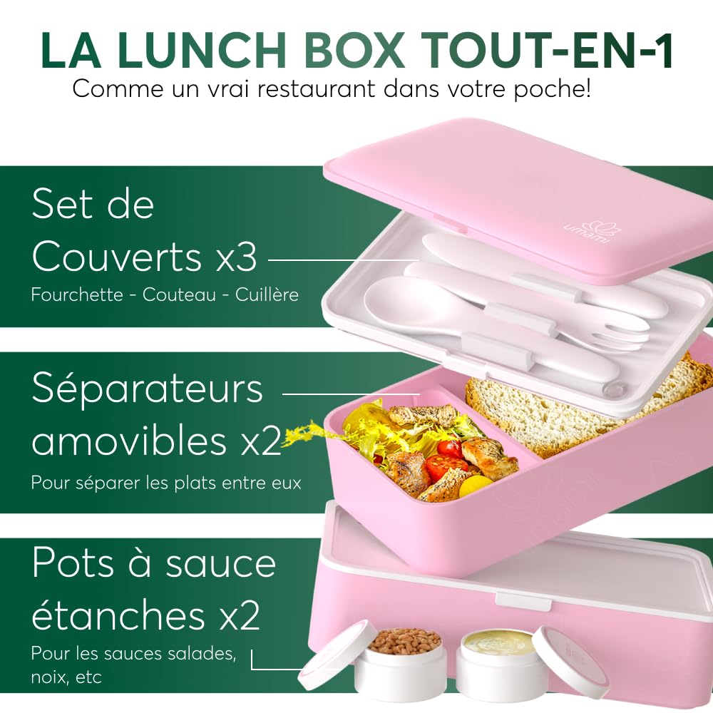 Umami Bento Lunch Box, Couverts & 2 Pots à Sauce Inclus, Boîte à Lunch Étanche, Lunchbox Adulte, Micro-Ondable Boîte Repas Compartimentée