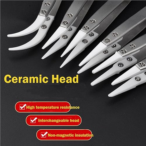 Miniatura 7 de Utoolmart Pinzas de cerámica de precisión, no conductoras, resistentes al calor, pinzas rectas antiestáticas, puntiagudas plateadas, color negro,