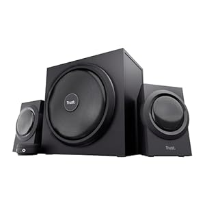 Trust Yuri 2.1 PC Lautsprecher mit Subwoofer, 120W Spitzenleistung, Subwoofer aus Holz mit einem Starken 5,25 Zoll-Basstreiber, Lautstärkeregelung mit Kopfhörer- und Line-In-Anschluss, Schwarz