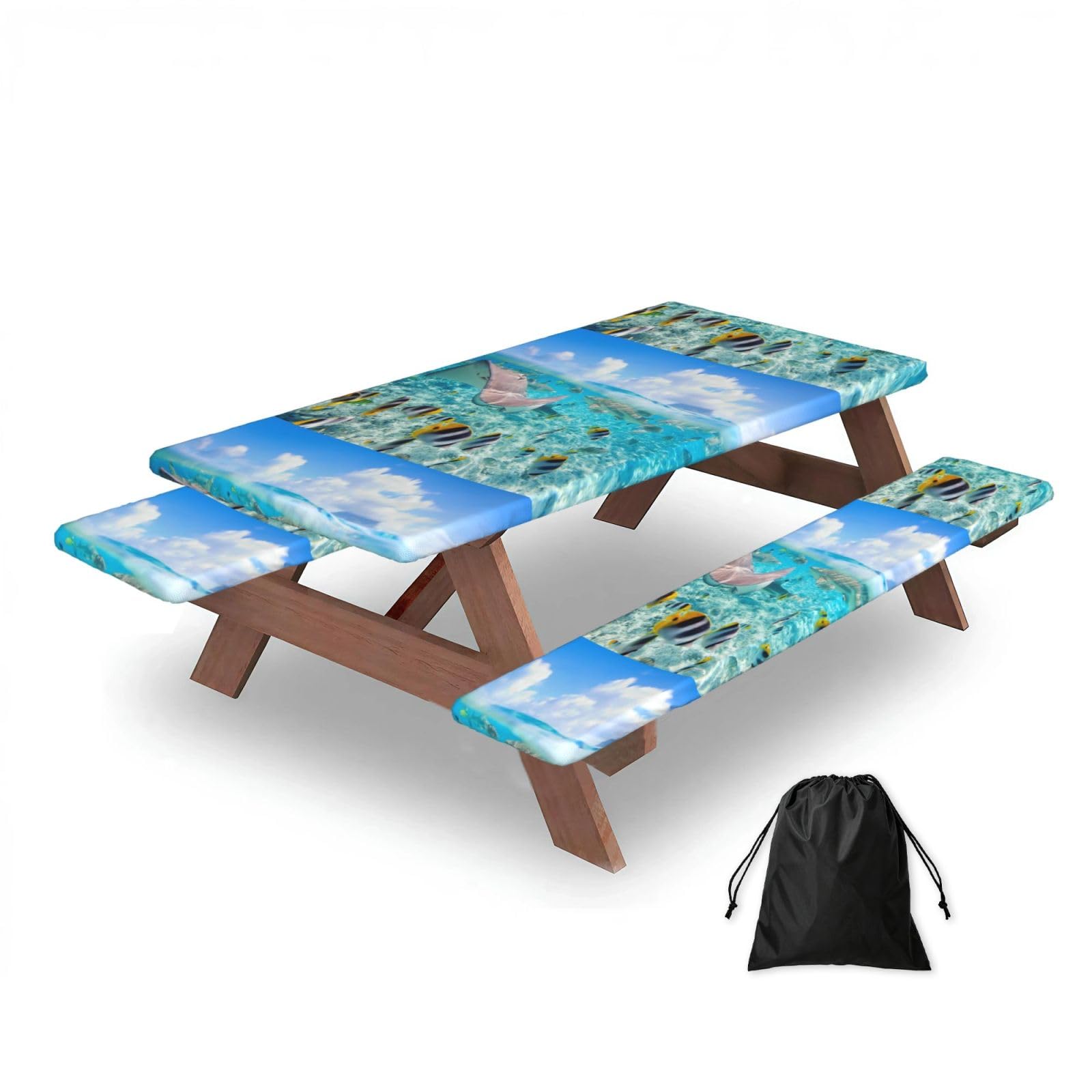 Colorful Fishes Printing, Picnic Table Cover With Bench Covers -Waterproof Elastic Fitted Tablecloth for Garden Camping Patio 76x152cm