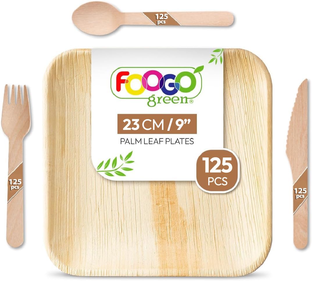 FOOGO Green 500pcs Disposable Palm Leaf Plates and Wooden Cutlery Set, FSC® Certified, 125x Large Square Plates, 125xForks, 125xKnives, 125xSpoons, Eco Friendly Biodegradable, Party