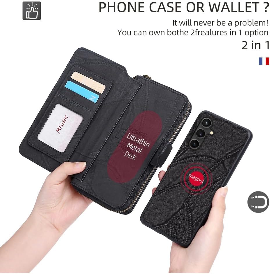 Asuwish Phone Case for Samsung Galaxy S23 FE 5G Zipper Wallet Detachable Cover with Screen Protector and Flip Mirror Card Holder Slot Cell Accessories Protective S 23 EF S23FE 23S Women Men Black
