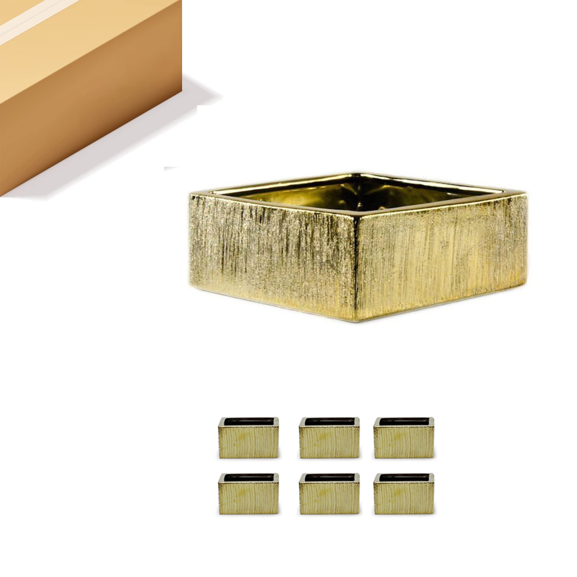 WGV Gold Scratched Square Ceramic Vase, Width 8", Height 4", Elegant Morden Short Square Pan Floral Planter Terrarium Pot Container Tabletop for Event Accent Home Decor 6 Pieces