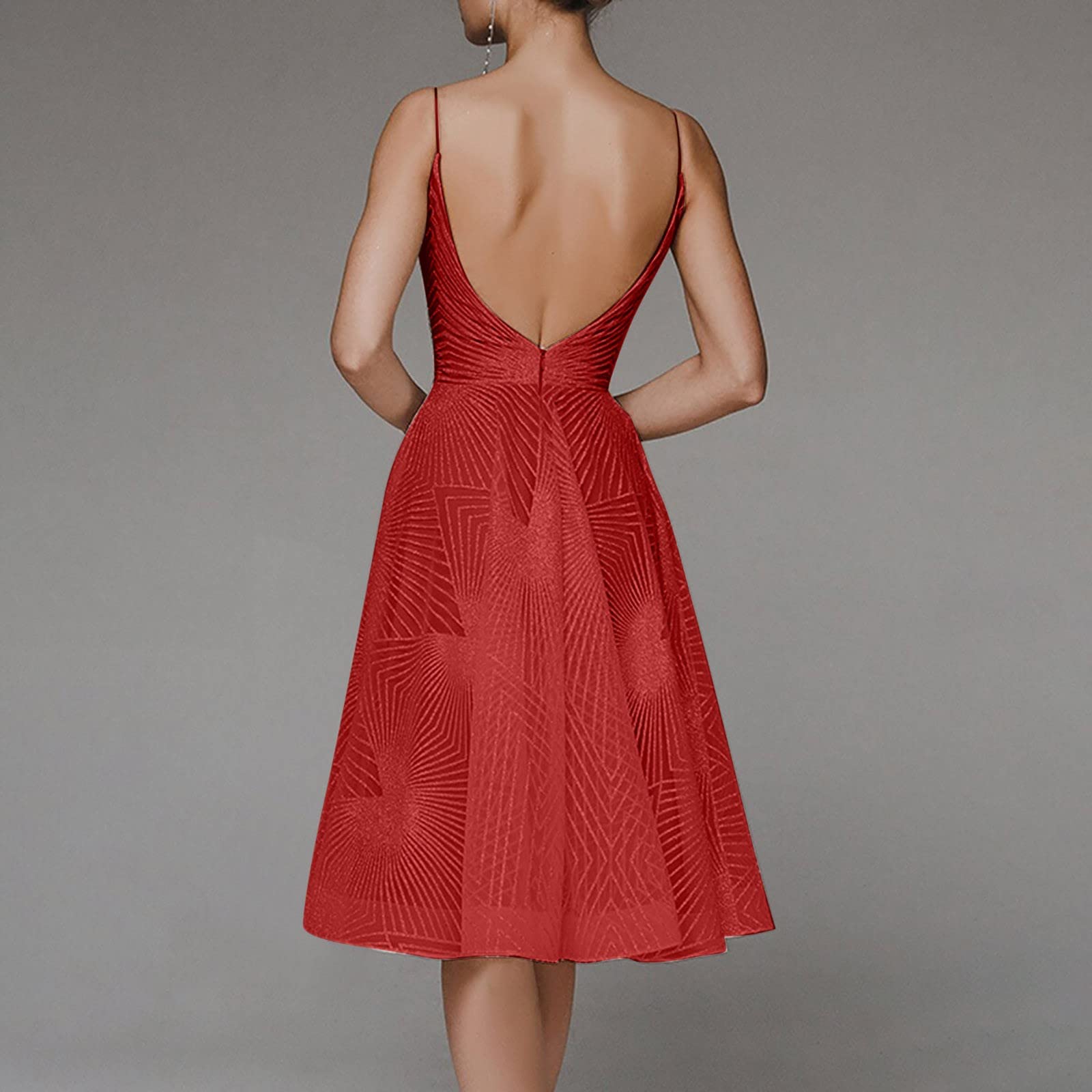 Swing Abito da cocktail da donna, elegante, in pizzo, senza maniche, per feste, ballo, scollo a V, con spalline sottili, abito da sera, a vita alta, linea ad A