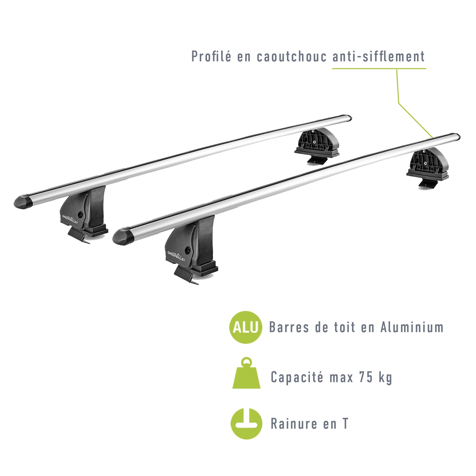 Green Valley 2 Barres de Toit en Aluminium, Fixation sur Toit Normal, Prêtes à l'emploi & Robustes, jusqu'à 75 kg, Easy One N°92