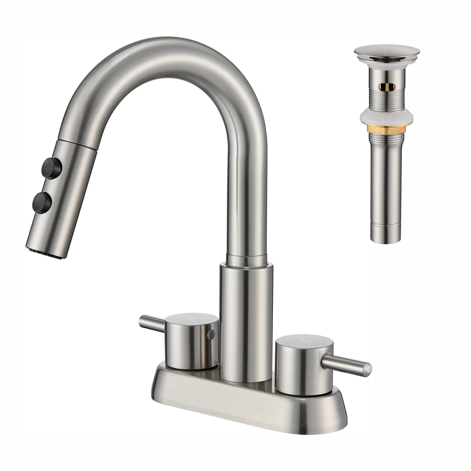 Kablle Bathroom Faucet with Pull Down Sprayer 3 Holes, Brushed Nickel 4 inch 2 Handles Centerset Laundry Bar Basin Pull Out Bathroom Sink Faucet with