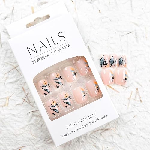Miniatura 5 de 24 piezas de uñas postizas cortas cuadradas con flores, uñas con pegamento con diseños, uñas acrílicas cuadradas cortas para mujeres y niñas, 24