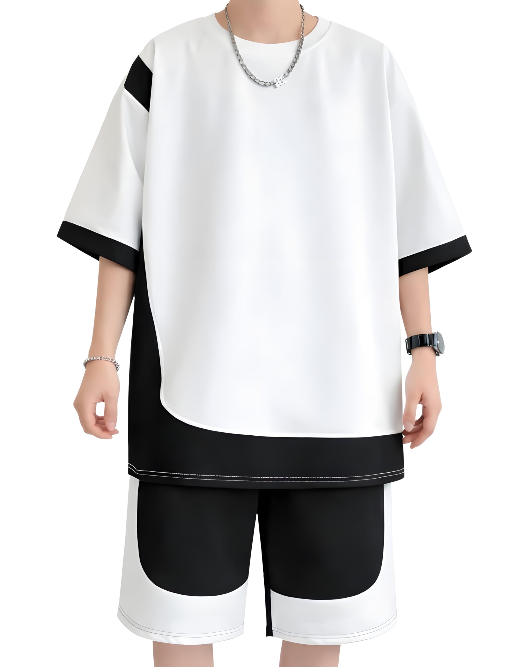 tukat Men Oversized Co-Ord Set | Black & White Color Block T-Shirt & Shorts | Casual Streetwear Summer Outfit for Men.-picture-36