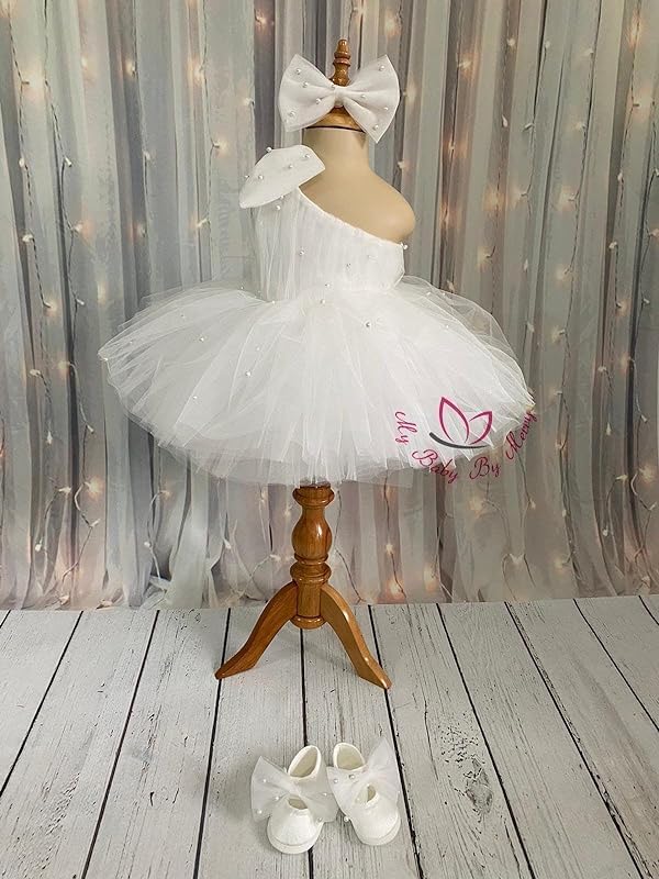 Baby Tulle Dress Ball Gown - Toddler First Birthday Party Outfit - One Shoulder Dress with Pearls - Off-Shoulder Style for Baby Girls - Elegant Tulle Gown for Weddings & Special Occasions4