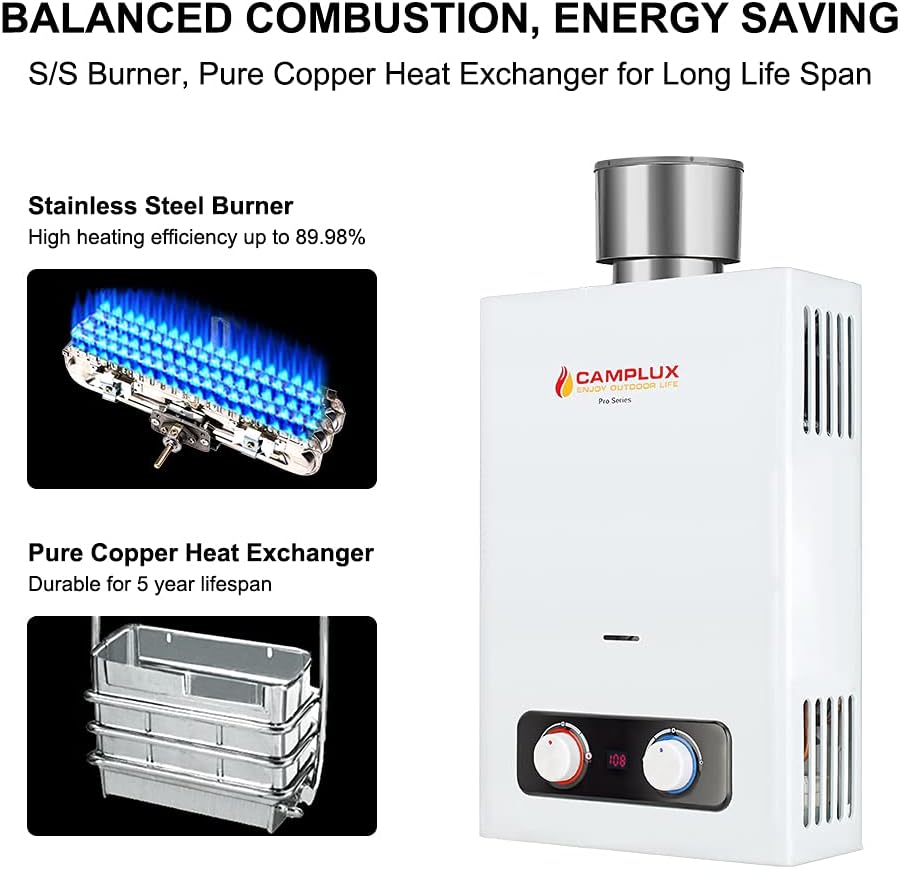 Portable Tankless Water Heater, Camplux 1.58 GPM Outdoor Propane Hot Water Heater with S/S Rain Cap : Patio, Lawn & Garden