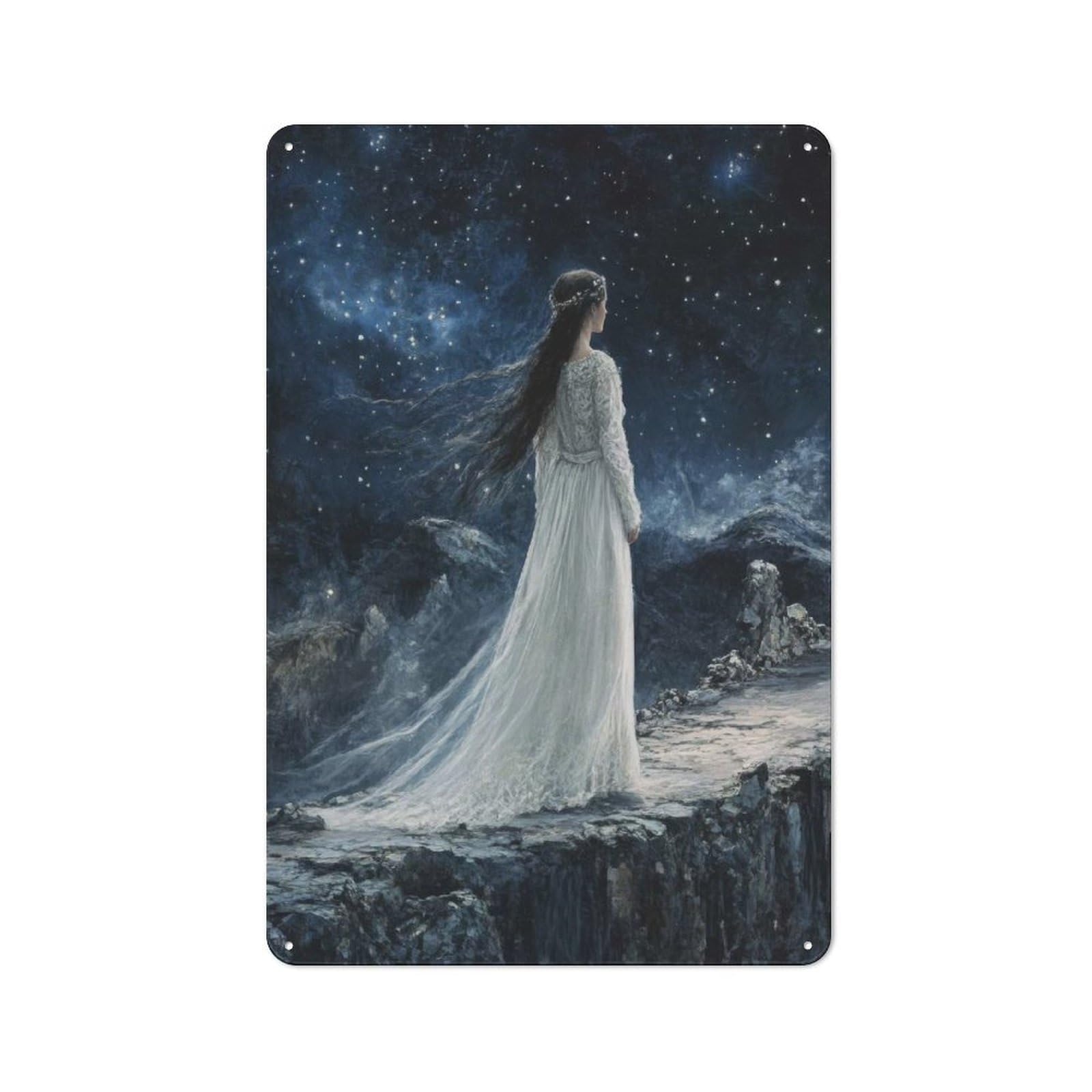 Junmoney Style-13 Woman In White Dress Under Starry Sky Tin Wall Sign 30X20cm, Country Style Bistro Wall Plaque For Coffee Bar, Kitchen, Bistro Or Tea Corner