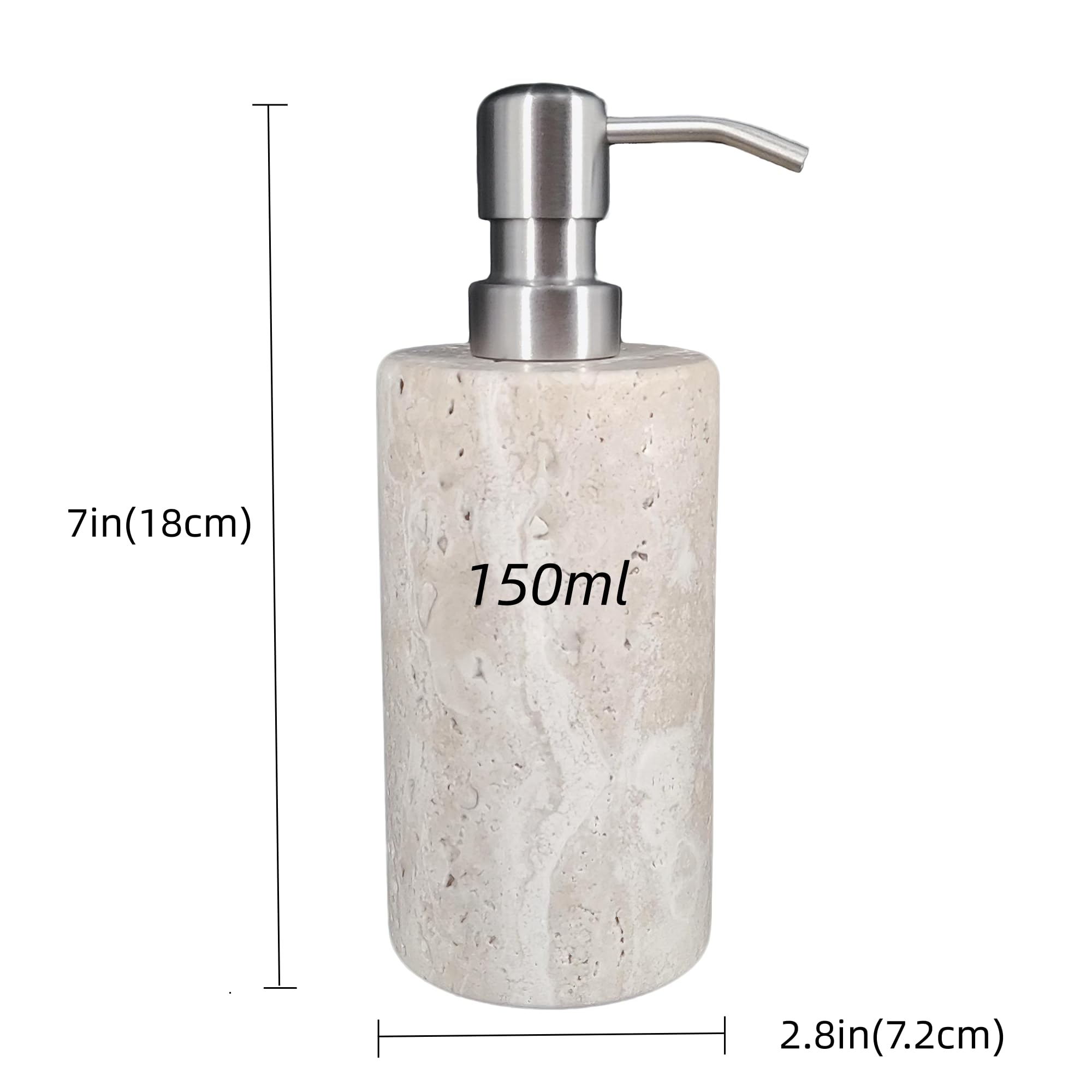 Dispensador de jabón de mármol travertino natural con bomba de acero inoxidable, botellas de jabón líquido de loción de mármol para cocina y baño