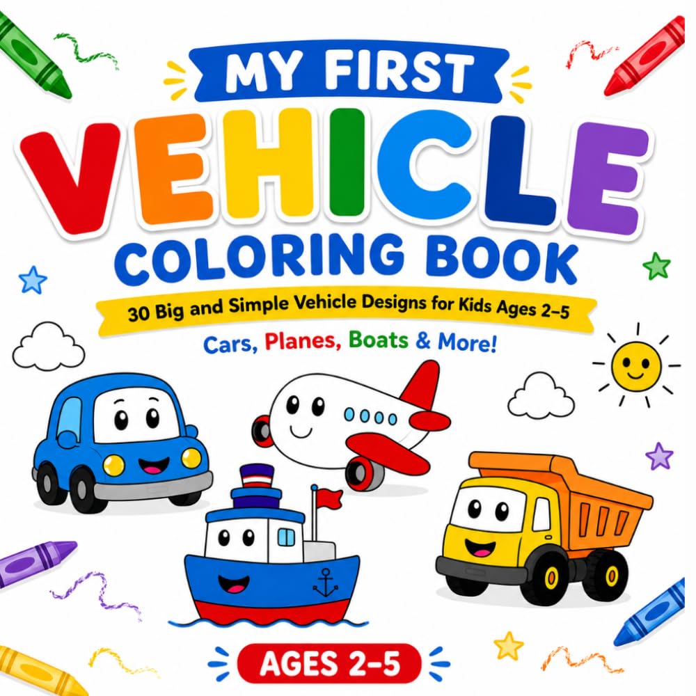 My First Vehicle Coloring Book: 30 Big and Simple Vehicle Designs for Kids Ages 2–5 Fun and Easy Cars, Trucks, Tractors, Planes & More